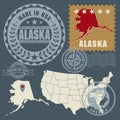 Abstract post stamps set with name and map of Alaska, USA Royalty Free Stock Photo