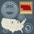 Abstract post stamps set with name and map of Nebraska, USA Royalty Free Stock Photo