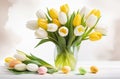 abstract post white and yellow tulips in a transparent vase over neutral background