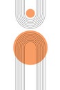 Abstract poster with boho arches, stripes, simple shapes in warm orange colors. Boho arch banner in minimalism style
