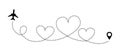 Love line airplane dotted route. Romantic heart dashed trace path, air plane flight start point. Vector illustration Royalty Free Stock Photo