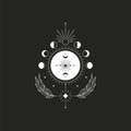 Abstract esoteric line drawing. Boho moon phases mystical magic eye, celestial tattoo, minimal logo. Vector illustration