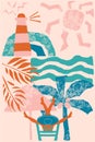 Abstract poster with a girl on the beach with palm trees, sea, lighthouse and birds. Summer chill. Summertime vacation