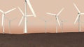 Abstract power mill landscape, industry of environment ecological energy. Animation. Many white windmills with spinning
