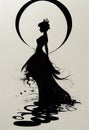 abstract princess silhouette illustration in front of the moon, ai generated image