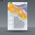 Abstract print A4 design with colored lines for flyers, banners or posters, with world map icons, over silver background