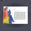Abstract print A4 landscape design with blue, red and yellow brush strokes, for flyers, banners or posters over silver background