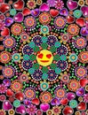 Happy Crazy in love emoji with surrounding colourful circles and hearts