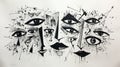 Abstract Printmaking: Black And White Faces Depicting Bullying Theme