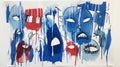 Abstract Printmaking: Blue And Red Dripped Paint With Faces Royalty Free Stock Photo