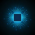 Abstract processor, computer digital chip, printed circuit board. Artificial intelligence. Dark blue technology background