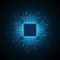 Abstract processor, computer digital chip, printed circuit board. Artificial intelligence. Dark blue technology background Royalty Free Stock Photo