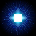 Abstract processor, computer digital chip, printed circuit board. Artificial intelligence. Dark blue technology background,