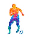 Abstract professional soccer player quick shooting a ball from splash of watercolors