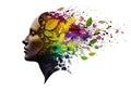 Profile of woman\'s head with colorful abstract leaves and paint splatters isolated on white background Royalty Free Stock Photo