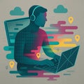 Abstract Programmer Working on Laptop with Binary Code and Location Pins Royalty Free Stock Photo