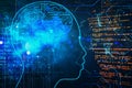 Abstract programming backdrop with head and digital brain hologram Royalty Free Stock Photo