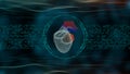 An abstract pulsating heart in gridded structure over defocused dark background with wavy texture.