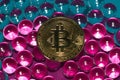 abstract purple-blue background with bitcoin in the middle, futuristic world, modern design