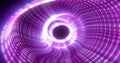 Abstract purple energy tunnel made of particles and a grid of high-tech lines