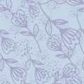 Abstract purple flower seamless pattern in doodle style on blue background. Cute floral endless wallpaper Royalty Free Stock Photo