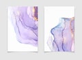 Abstract purple liquid watercolor background with golden stains. Violet geode hand drawn flow alcohol ink effect. Vector