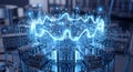 Abstract Quantum Computer Core With Blue Energy Waves, Future Technology Royalty Free Stock Photo