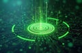Abstract quantum computing core emits vibrant green light. Data streams swirl around in high-tech background. Complex algorithmic