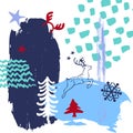 Abstract quirky christmas, winter time paint brush art strokes textures and outlined jumping deer collage card