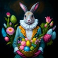 An abstract rabbit with costume stands with a large Easter egg basket Royalty Free Stock Photo