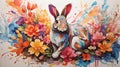 Abstract Rabbit Painting with Flowers