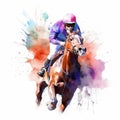 Colorful equestrian art with watercolor racing horse and jockey, generative Ai