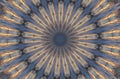 Abstract radial kaleidoscope background with blue and gold rays, symmetrical sunburst pattern and dynamic circular depth. Royalty Free Stock Photo