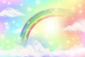 Abstract rainbow background with clouds and stars on sky. Fantasy pastel color unicorn wallpaper. Cute landscape. Vector