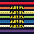 Abstract rainbow bands art with bold letter text AMERICA with stars