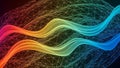 Abstract Rainbow Waves Flowing Over a Wireframe Geometric Grid on Black Background colorful Royalty Free Stock Photo