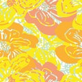 Abstract rainforest wildflower blossom seamless vector background. Orange yellow blended flowers textural backdrop