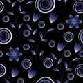 Dark Blue Flowers and Circles on a Black Background.