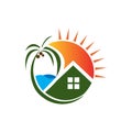 abstract Real Estate logo template with home and palm tree on seaside