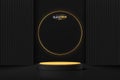 Abstract realistic 3D black cylinder pedestal podium with dark vertical rectangle and golden ring. Luxury black friday sale scene Royalty Free Stock Photo