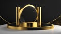 Abstract realistic 3D black and gold cylinder pedestal podium with golden glitter