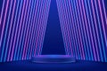 Abstract realistic 3d blue cylinder pedestal podium with Sci-fi dark blue abstract room with perspective vertical glowing neon