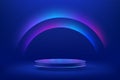 Abstract realistic 3d blue cylinder pedestal podium with Sci-fi dark blue abstract room with semi circle glowing neon lighting