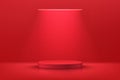 Abstract realistic 3D red cylinder pedestal or podium with illuminate horizontal neon lamp. Dark red minimal scene for product