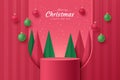 Abstract realistic 3D red cylinder stand podium with modern green christmas tree and luxury ball. Merry christmas and happy new