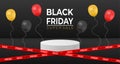 Abstract realistic 3D white cylinder pedestal podium with ballons and rossed ribbons and stripes with text, black friday super Royalty Free Stock Photo