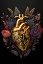Abstract realistic illustrated golden human heart decorated with dark flowers. Generative Ai.
