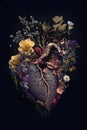 Abstract realistic illustrated heart decorated with flowers. Generative Ai.