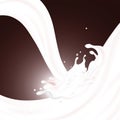 Abstract realistic milk drop with splashes and waves isolated on brown chocolate color background. Vector illustration Royalty Free Stock Photo