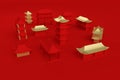 Abstract red background. Chinese city with golden houses. 3d rendering